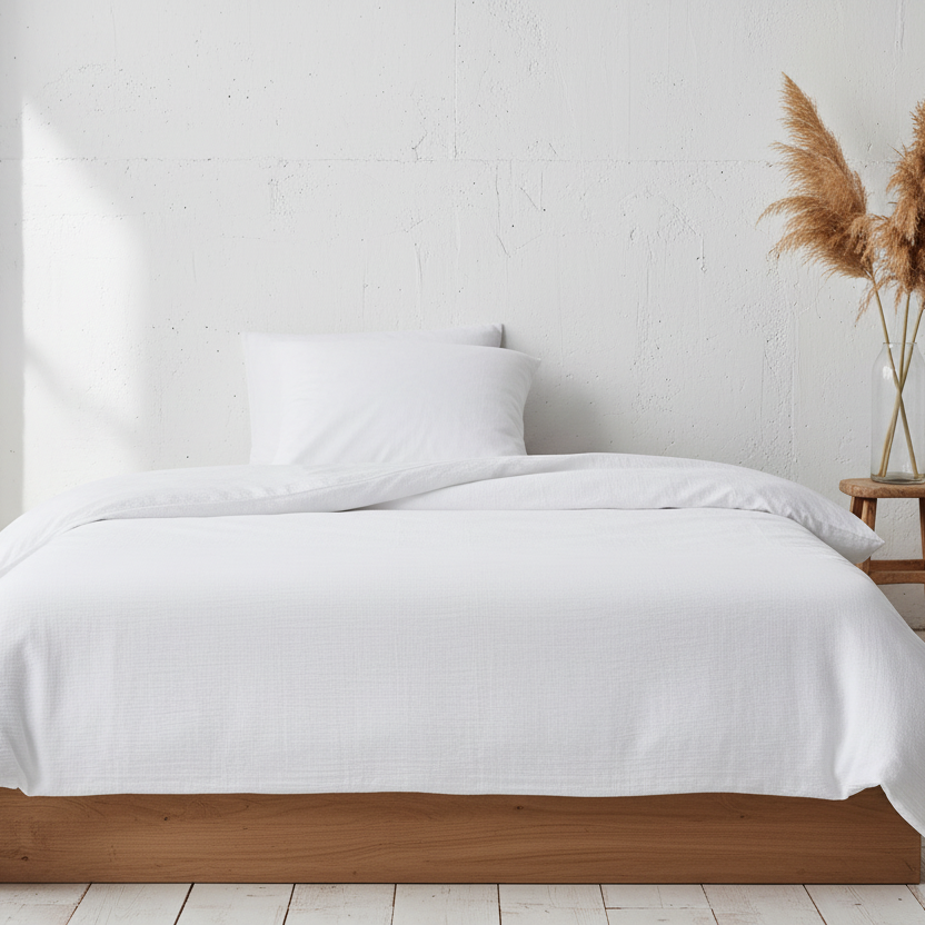 Musselin Bettwäsche weiss, Oeko Tex Zertifiziert, Schlafzimmer im Boho Stil