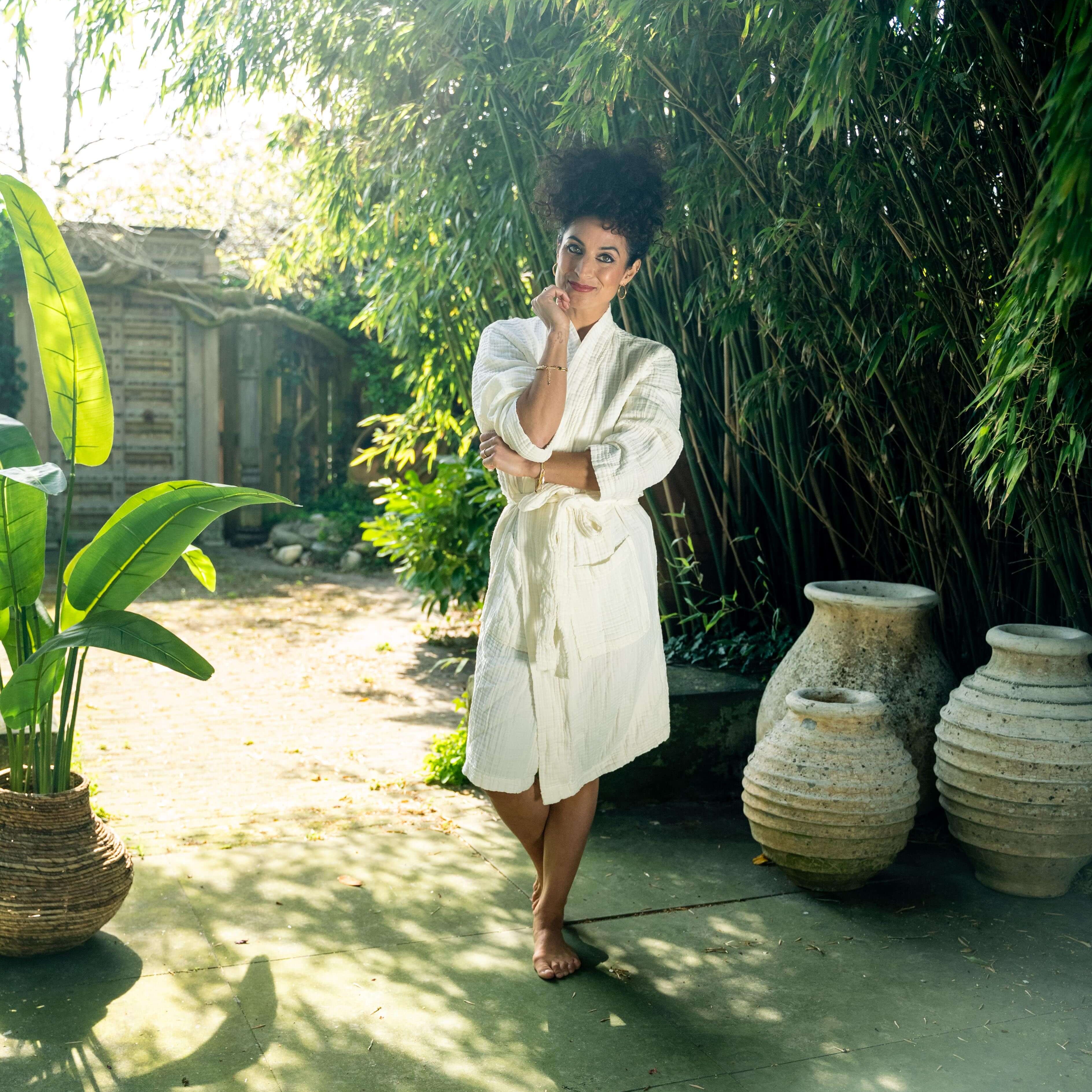 Musselin Bademantel in weiß im Kimono-Stil