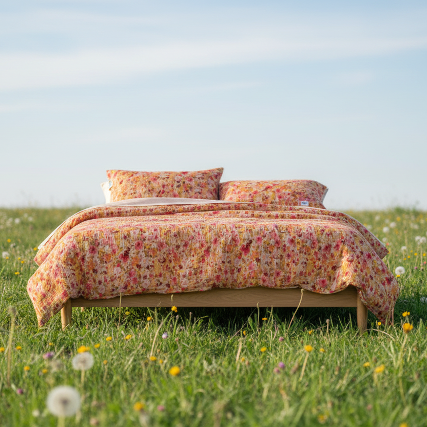 Blumige Bettwäsche aus Musselin auf einem Bett in einer grünen Wiese.