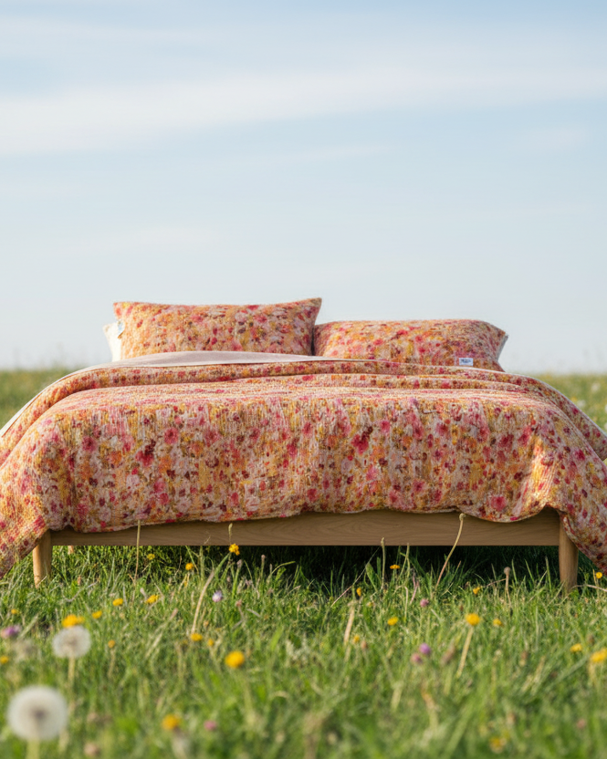 Blumige Bettwäsche aus Musselin auf einem Bett in einer grünen Wiese.