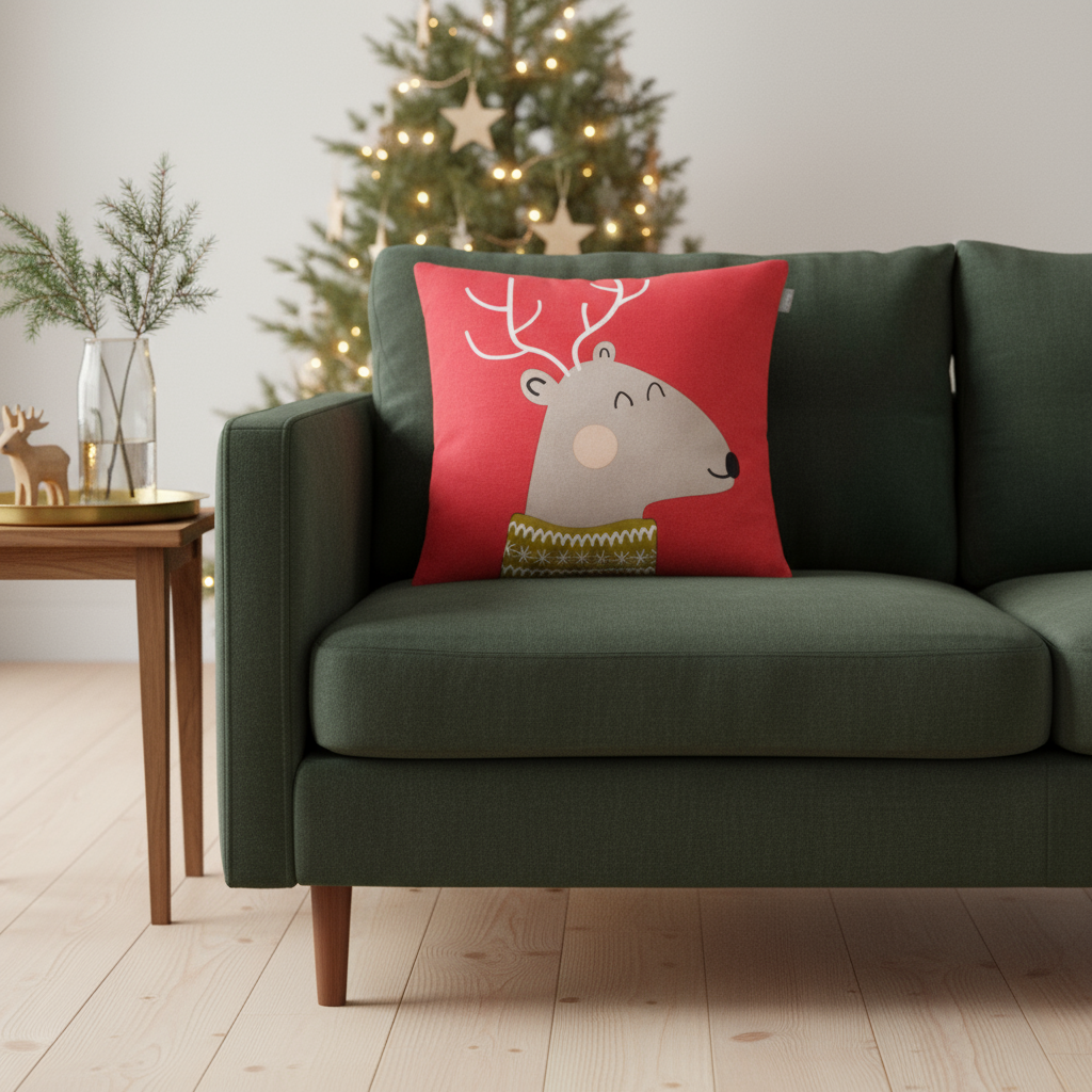 Spira Kissenbezug mit Rentier in Rot, 50x50 cm – aus 100 % Baumwolle