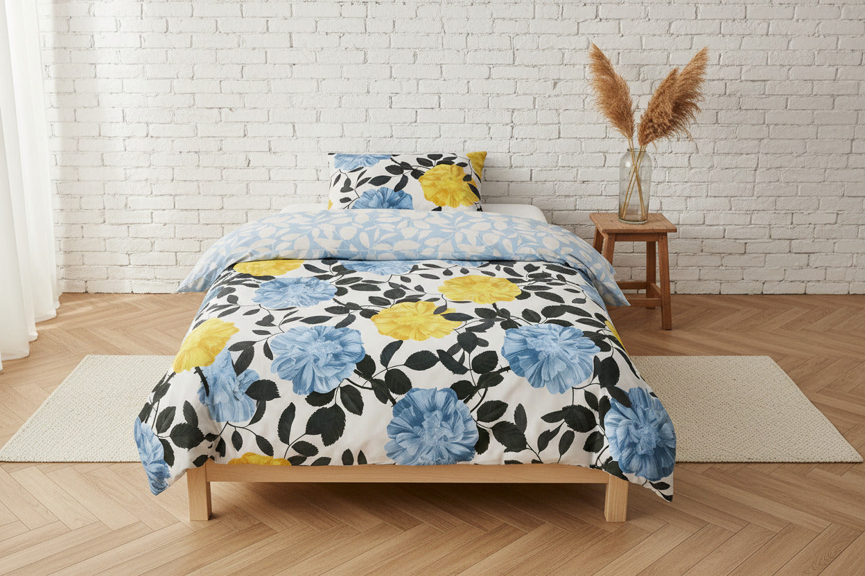 Bunte Bio-Baumwolle Bettwäsche 135x200 mit gelben und blauen Rosen