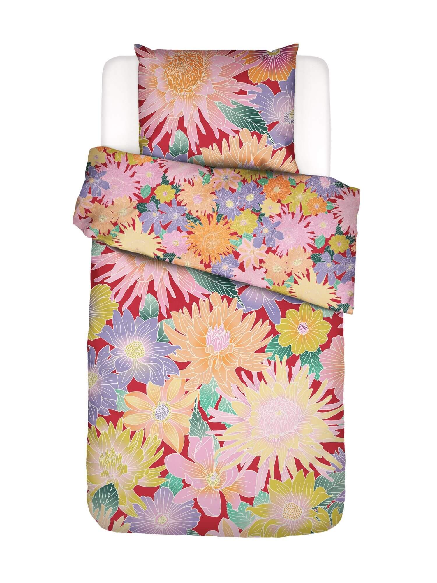 Detailansicht der handgezeichneten Dahlien auf GOTS-zertifizierter Bio-Baumwolle Perkal Bettwäsche