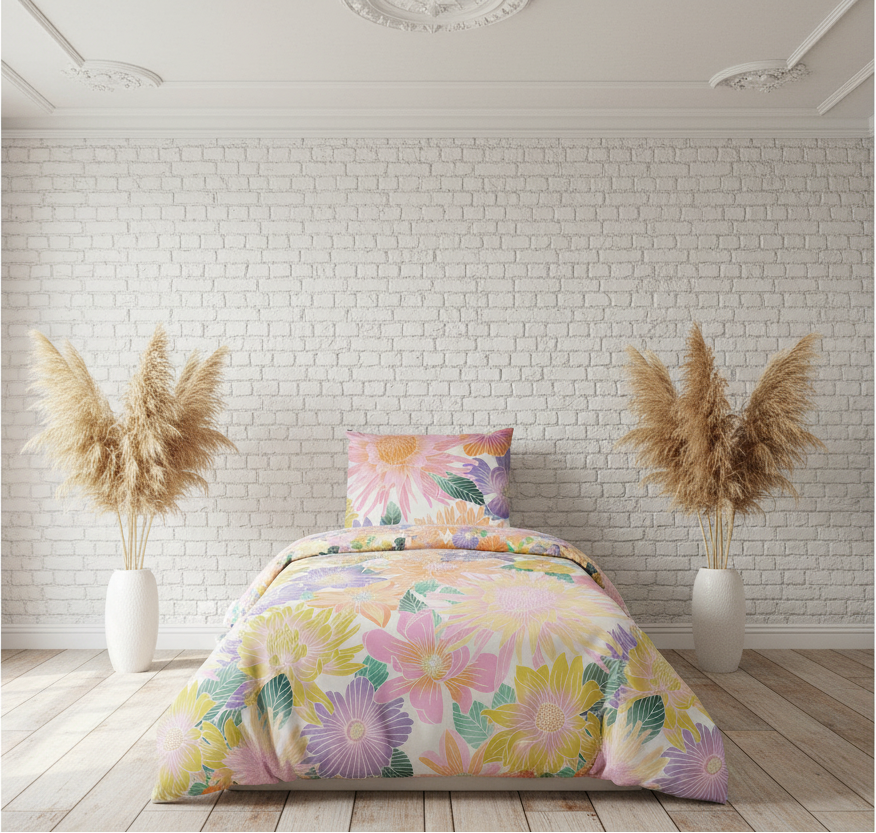 Helles Schlafzimmer-Ambiente mit weißer Bio-Bettwäsche und floralem Print