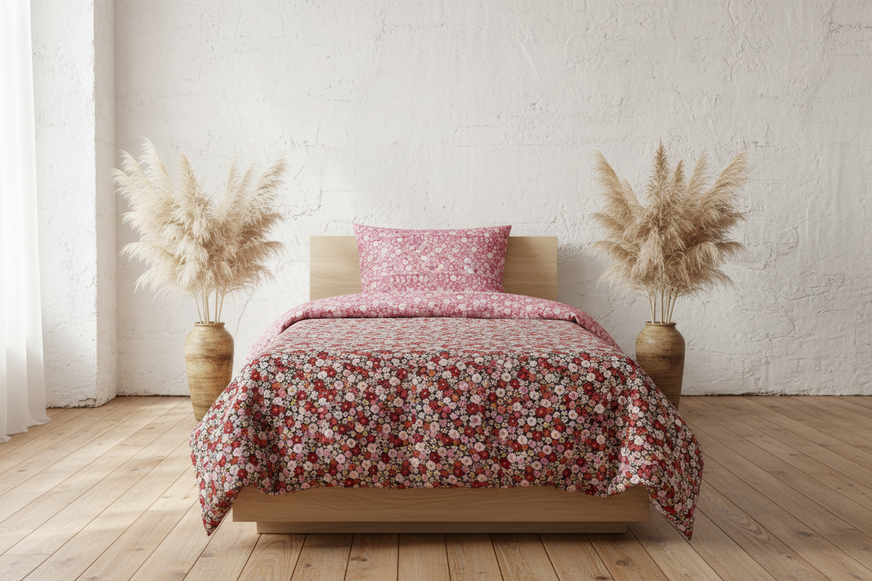 Blumige Bio-Baumwolle Bettwäsche 135x200 mit bunten Millefleurs auf Schwarz