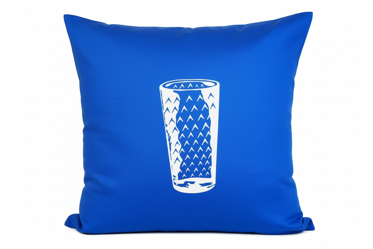 Kissenhülle blau mit apfelwein glas druck