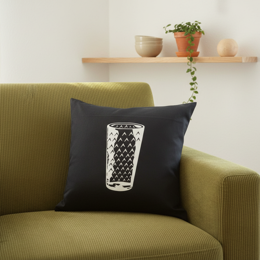 Kissenhülle schwarz in 40x40 cm mit Frankfurter Apfelwein Glas Druck. Modern und Stylisch