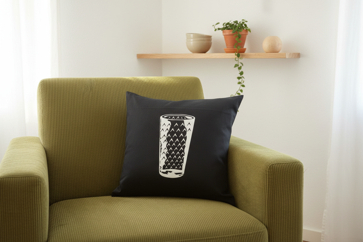 Kissenhülle schwarz in 40x40 cm mit Frankfurter Apfelwein Glas Druck. Modern und Stylisch