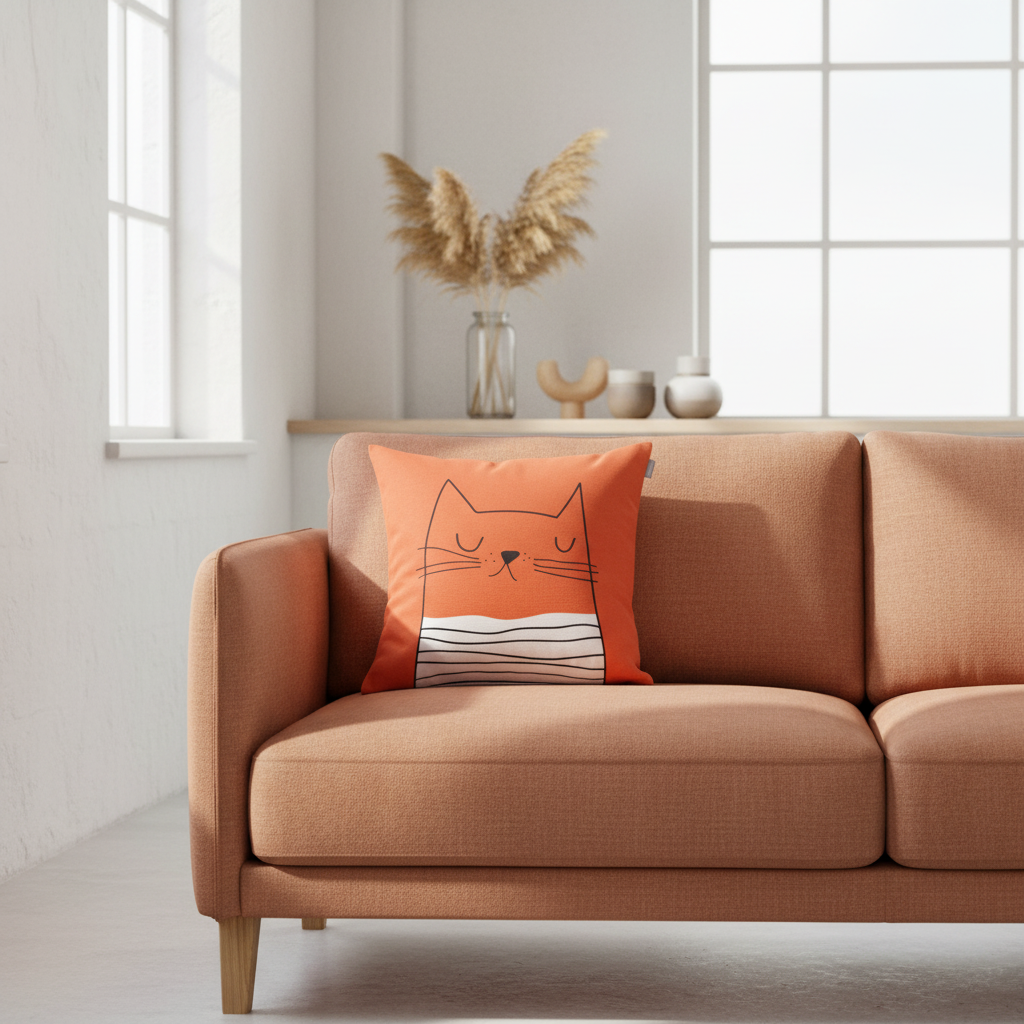 Deko-Kissenhülle Gustav von Spira in Orange mit Katze, Größe 50x50cm