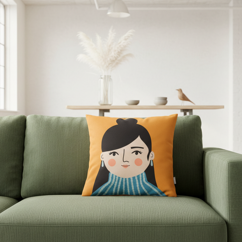 Spira Kissenhülle Jasmine mit orangenem Kissen mit Print von Frau mit Ohrringen und cool gestyled, Größe 50x50 cm