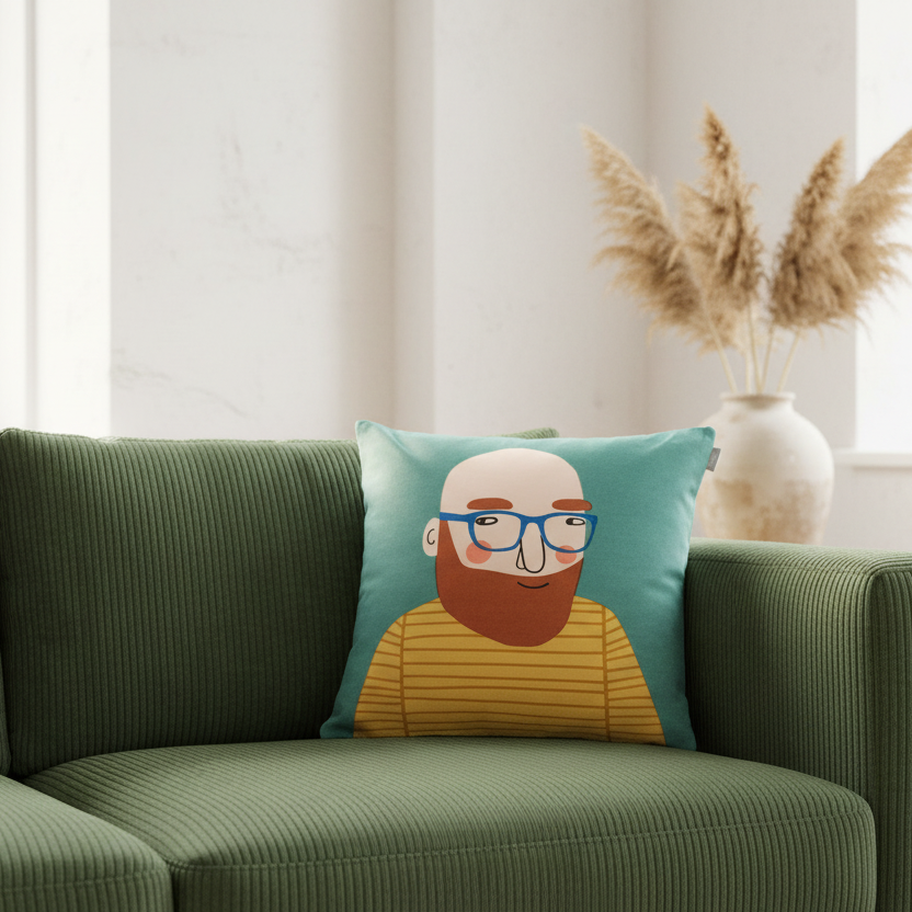 Spira Kissenhülle Michael in Türkis mit coolem Typ mit Bart und gelbem T-Shirt, moderner skandinavischer Print, Größe 50x50cm