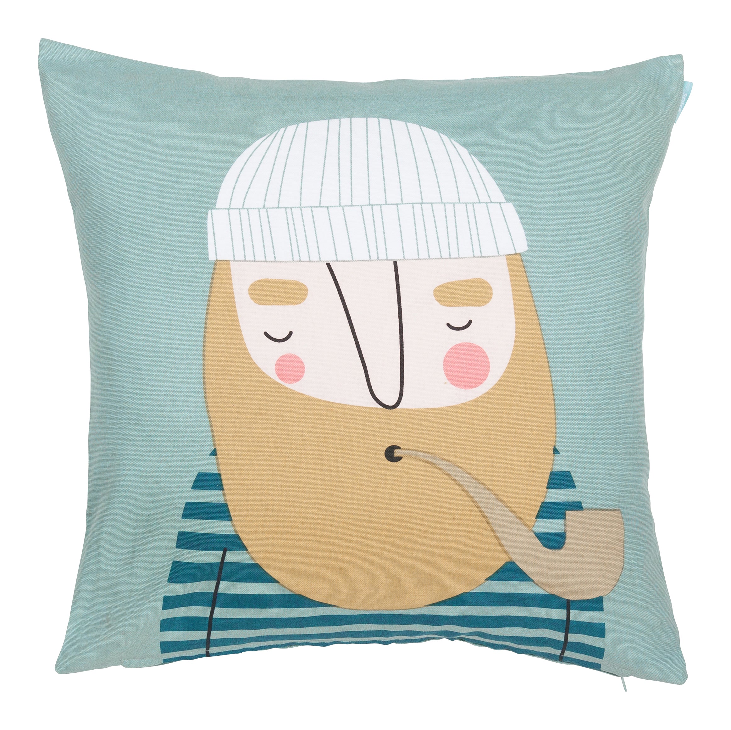 50x50 cm Kissenhülle Ebbot von Spira, Seeman Charakter auf hellem Hintergrund