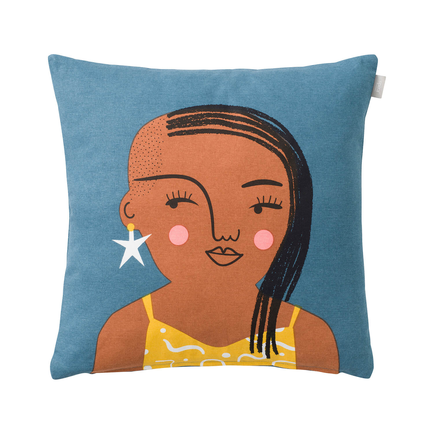 50x50 cm Kissenhülle Stella von Spira of Sweden, rockige Frau auf blauem Hintergrund