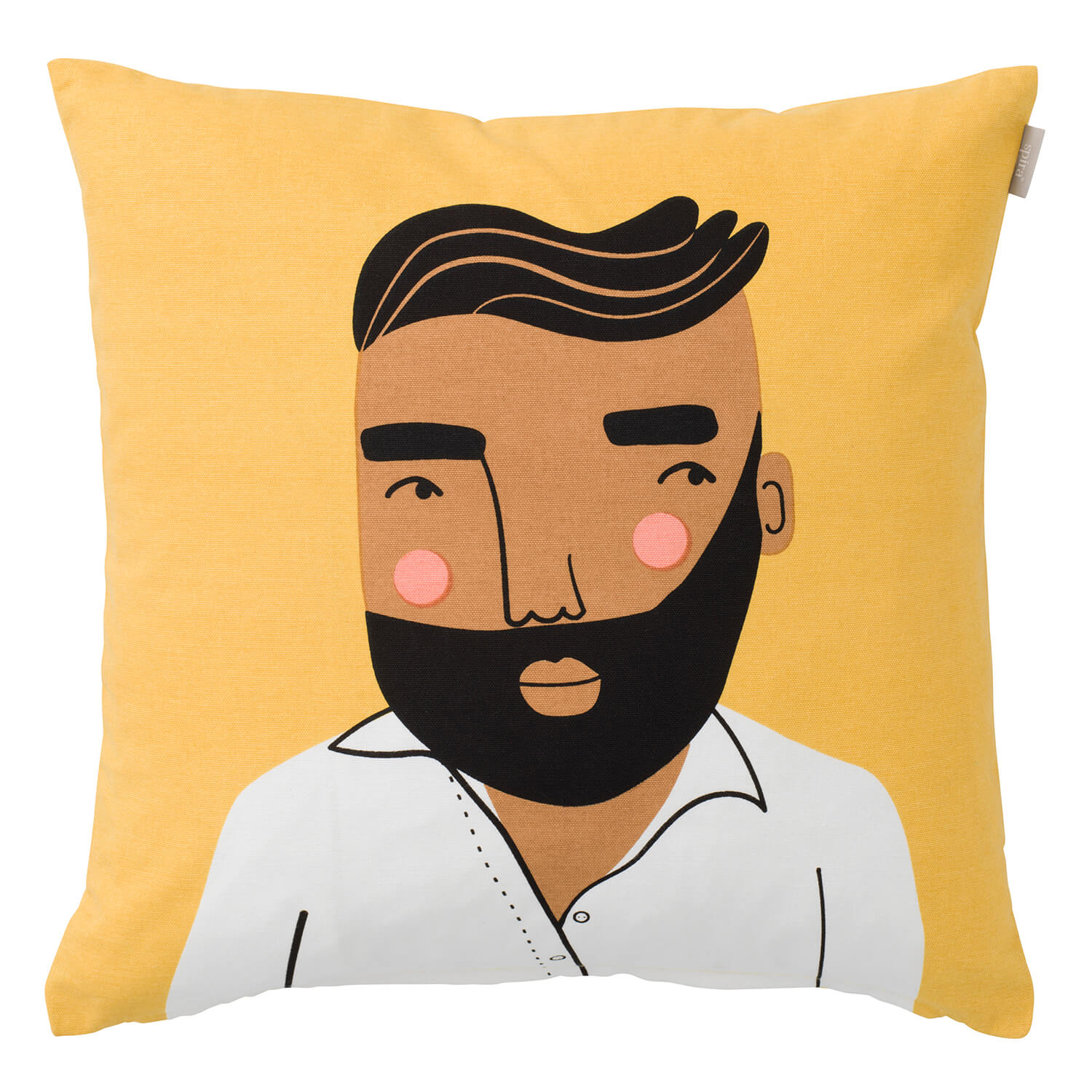 Skandinavisches Kissenbezug-Design 50x50 cm von Spira of Sweden, Modell jonas, cooler Typ mit Bart, Hintergrund gelb