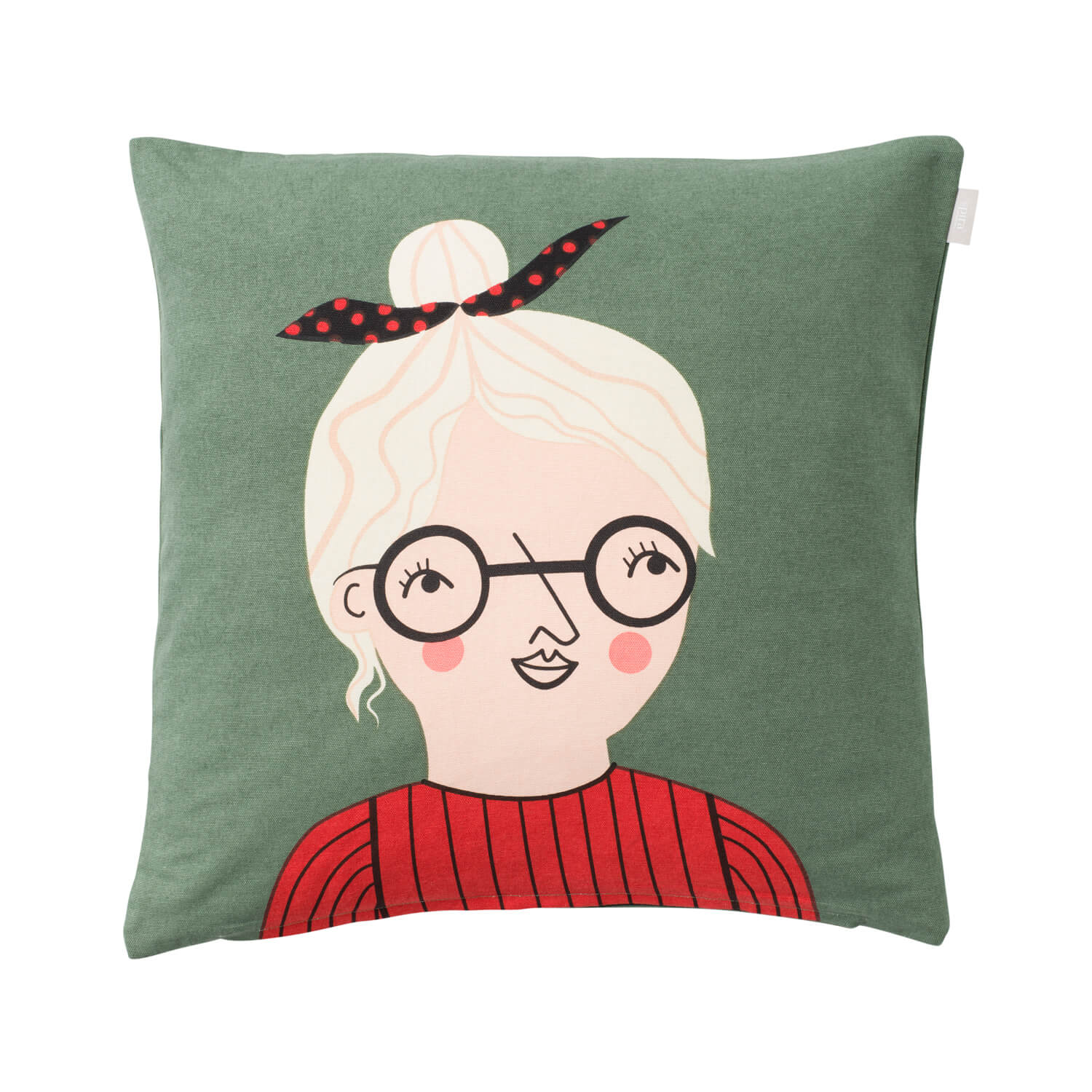 Skandinavisches Kissenbezug-Design 50x50 cm von Spira of Sweden, Modell Bodil, charaktervolle Frau, Hintergrund hell