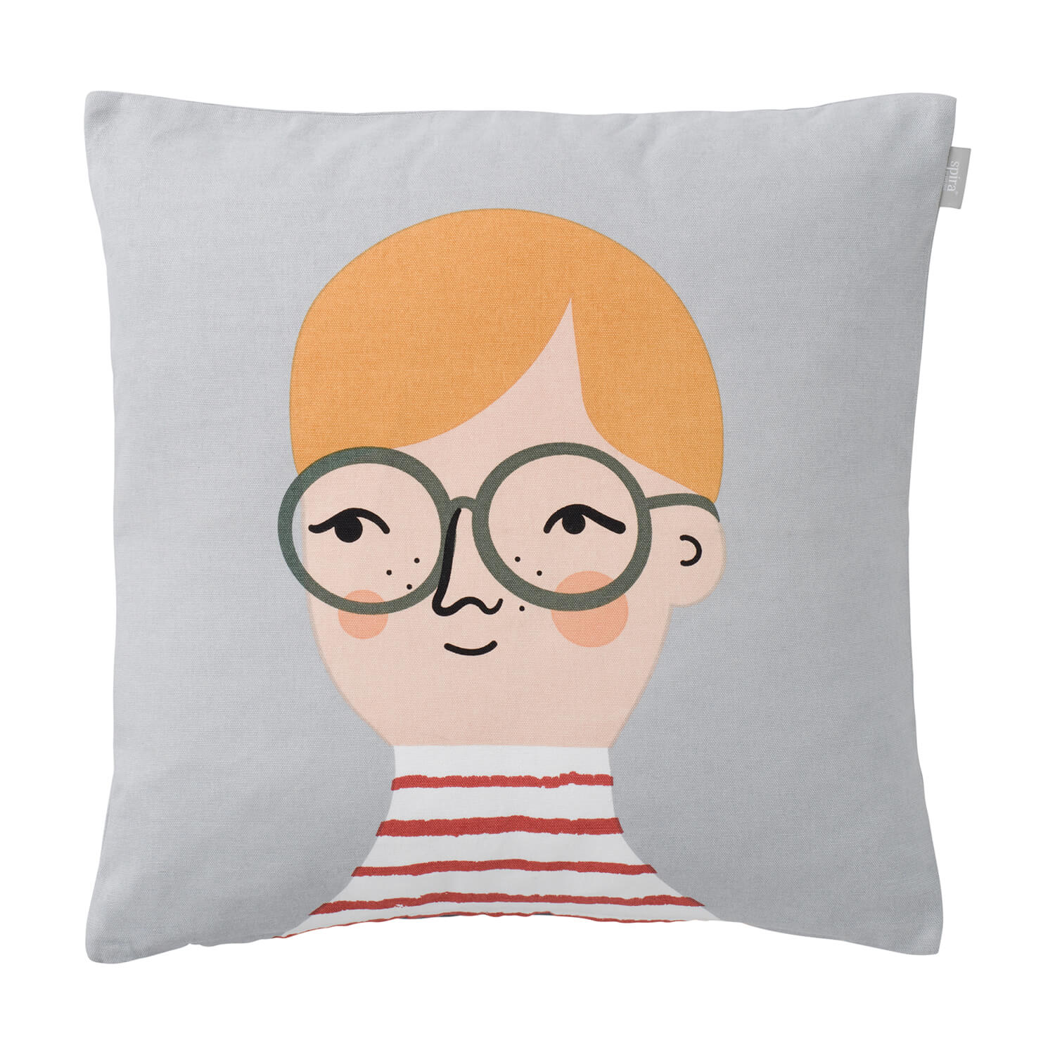 50x50 cm Kissenhülle Pim von Spira of Sweden, Charakter mit Brille auf hellem Hintergrund