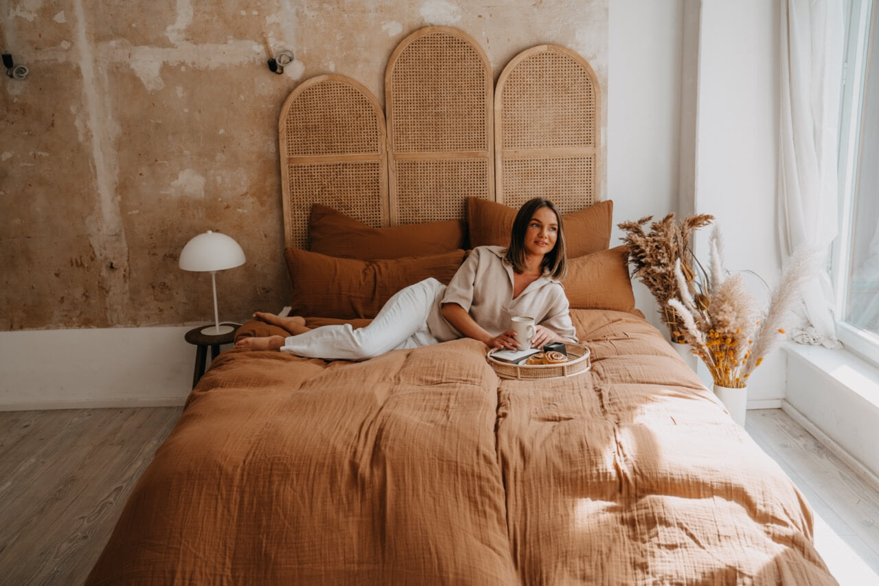 Hochwertige Musselin Bettwäsche 155x220 zimt aus 100% Bio Baumwolle, mit reißverschluss