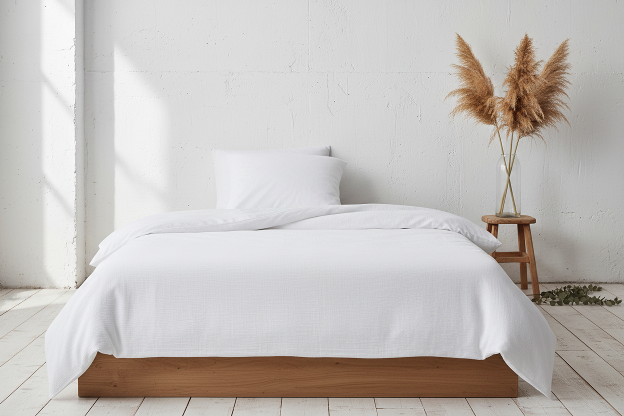 Musselin Bettwäsche weiss, Oeko Tex Zertifiziert, Schlafzimmer im Boho Stil