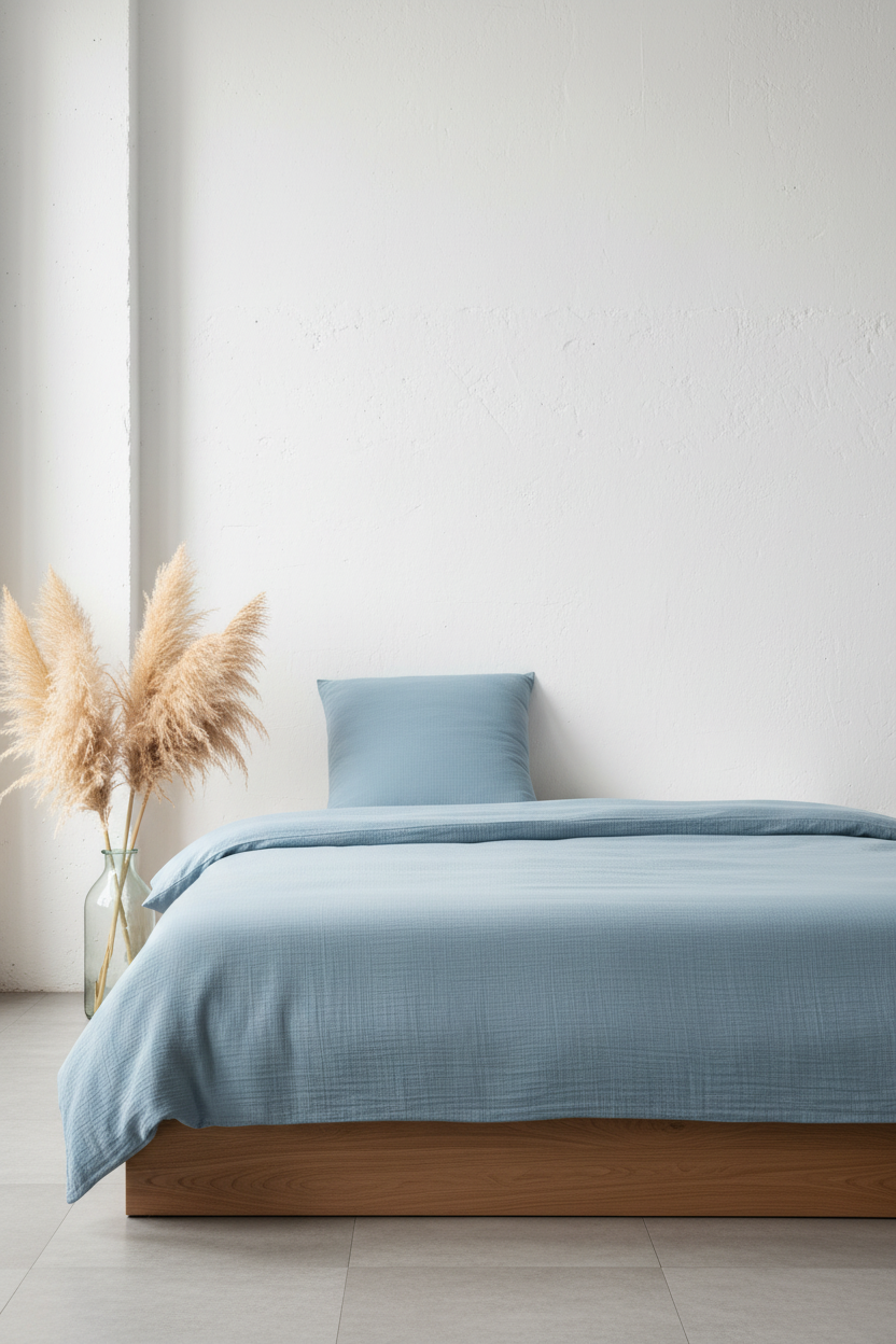 Musselin Bettwäsche Rauchblau von Elegante in einem Boho Stil Schlafzimmer