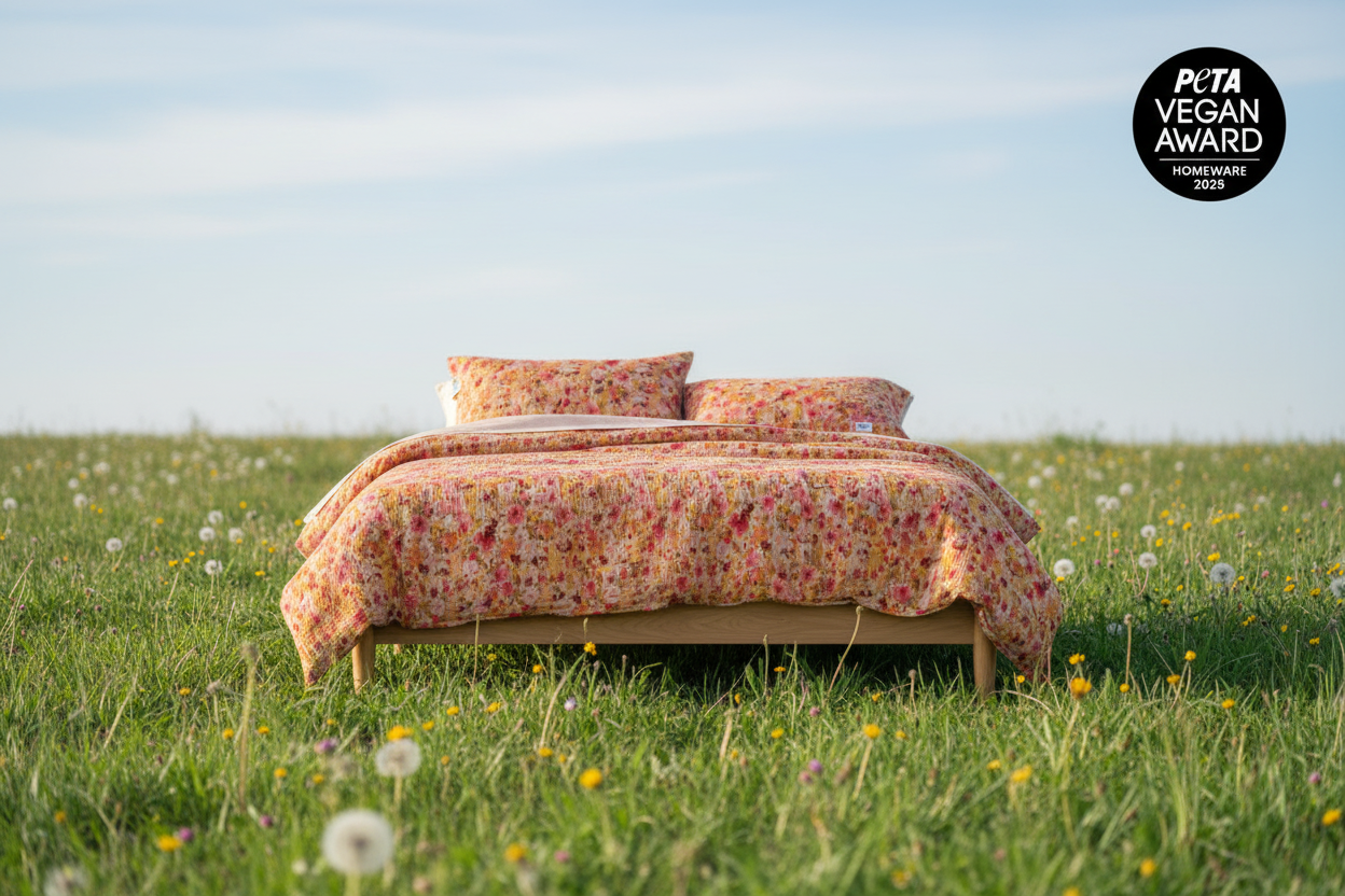 Blumige Bettwäsche aus Musselin auf einem Bett in einer grünen Wiese.