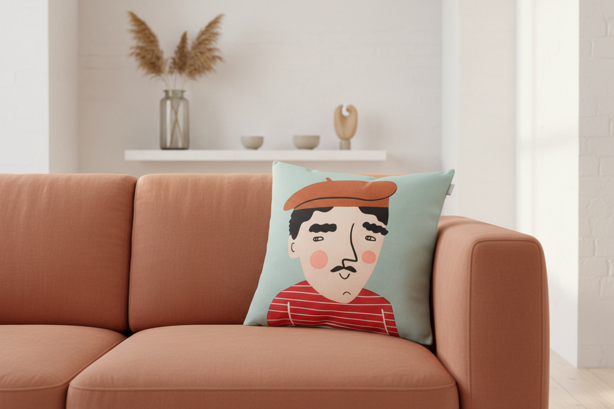Kissenbezug Pierre in Türkis mit Mann im Beret im modernen skandinavischen französischem Stil, Kissenbezug 50x50 cm – aus 100 % Baumwolle