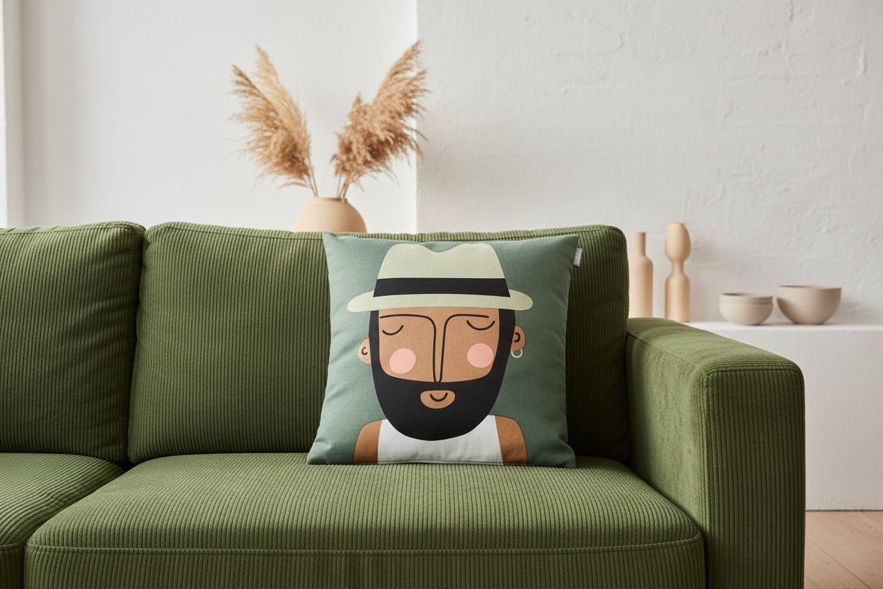 Spira Kissenhülle Max mit coolem Typ im modernen Print auf grünem Kissen, Größe 50x50cm