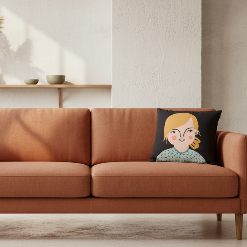 Kissenbezug Ida von Spira, 100% Baumwolle in Schwarz mit Charakter auf Sofa