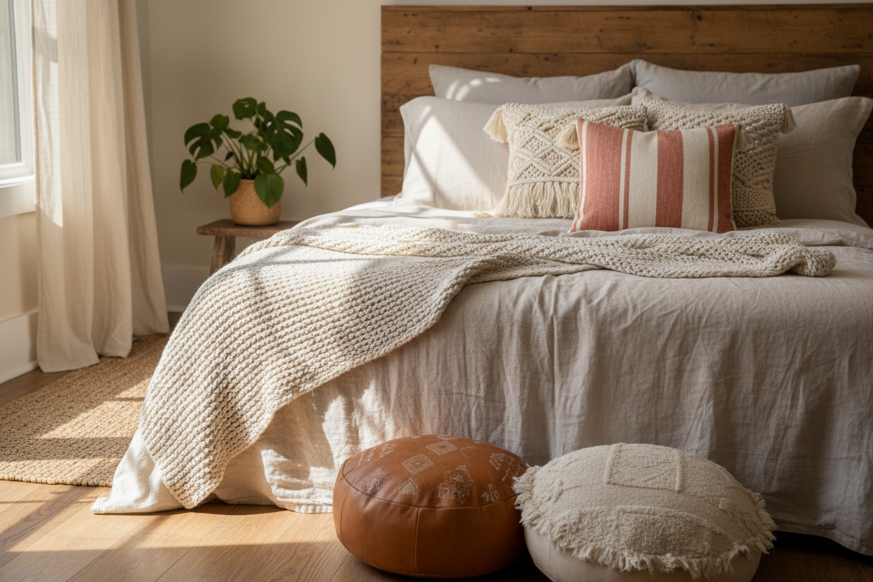 eine auswahl an kopfkissen auf einem bett in einem boho stil