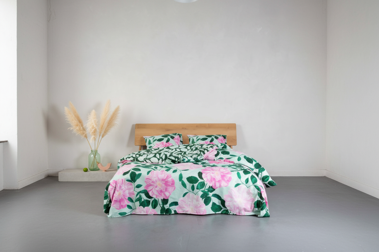 Rosen Bettwäsche mit Grünton in 135x200 aus Bio-Baumwolle mit Reißverschluss