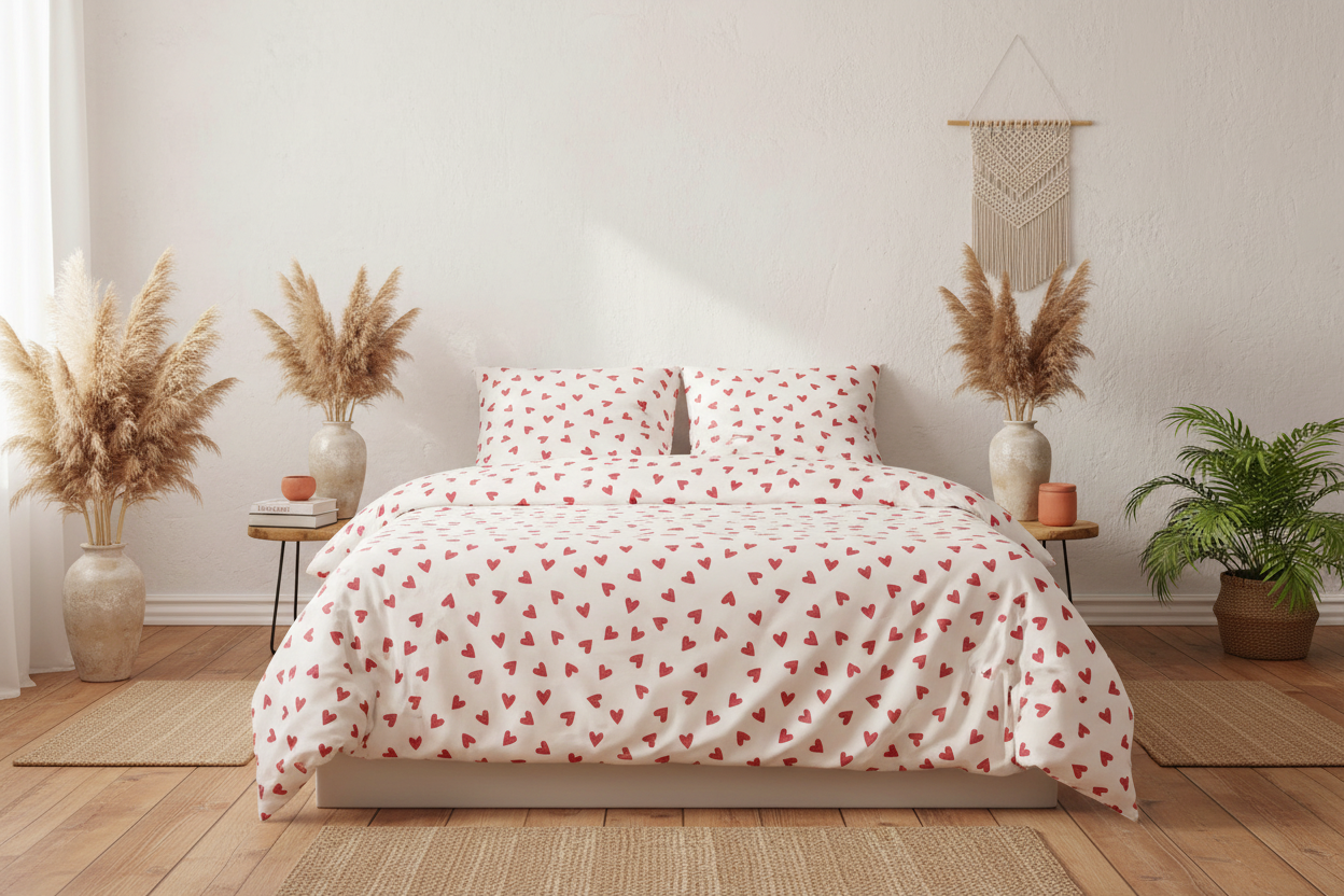 Rote Herzen Bettwäsche in einem Boho Stil Schlafzimmer