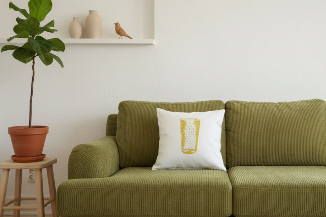 Weißer Kissenbezug mit goldenem Geripptem Apfelwein Glas Druck in 40x40 cm