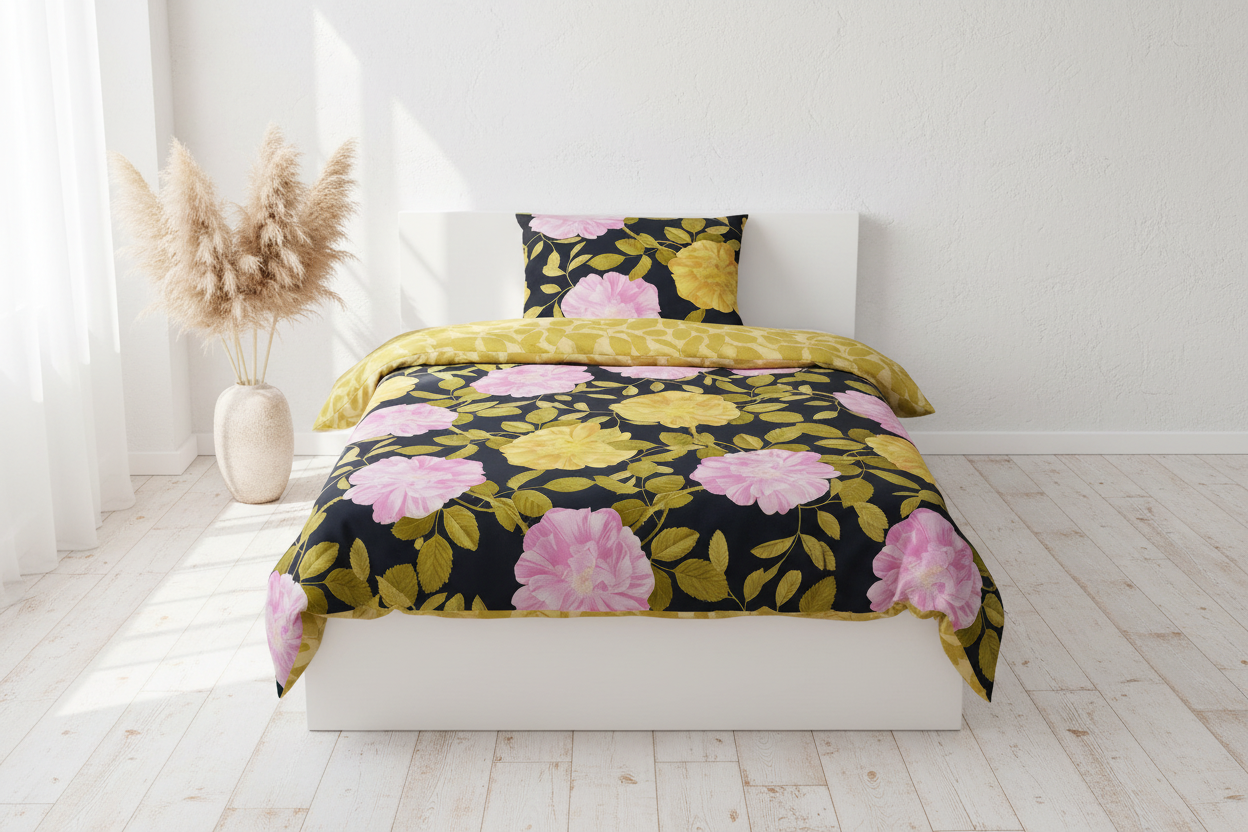 Schwarze Rosen Bettwäsche aus Bio-Baumwolle in 135x200 mit Motiv Französische Rose, mit Reißverschluss