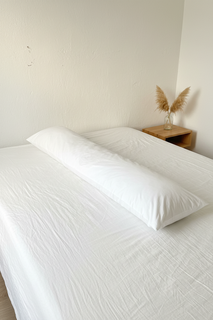 Großes Seitenschläferkissen 160 x 35 cm mit weißer Baumwoll Hülle im Bett