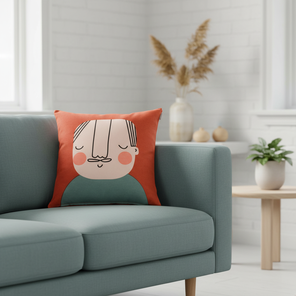 Spira dekokissen Ake in Rot mit einem Mann mit leichter Glatze, Größe 50x50 cm