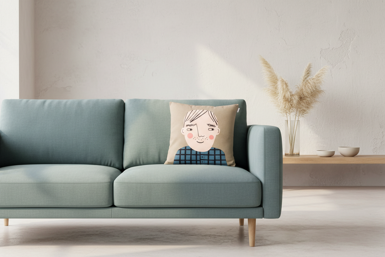 Deko Kissenhülle David von Spira, heller Hintergrund mit Mann im Karo hemd, Größe 50x50cm