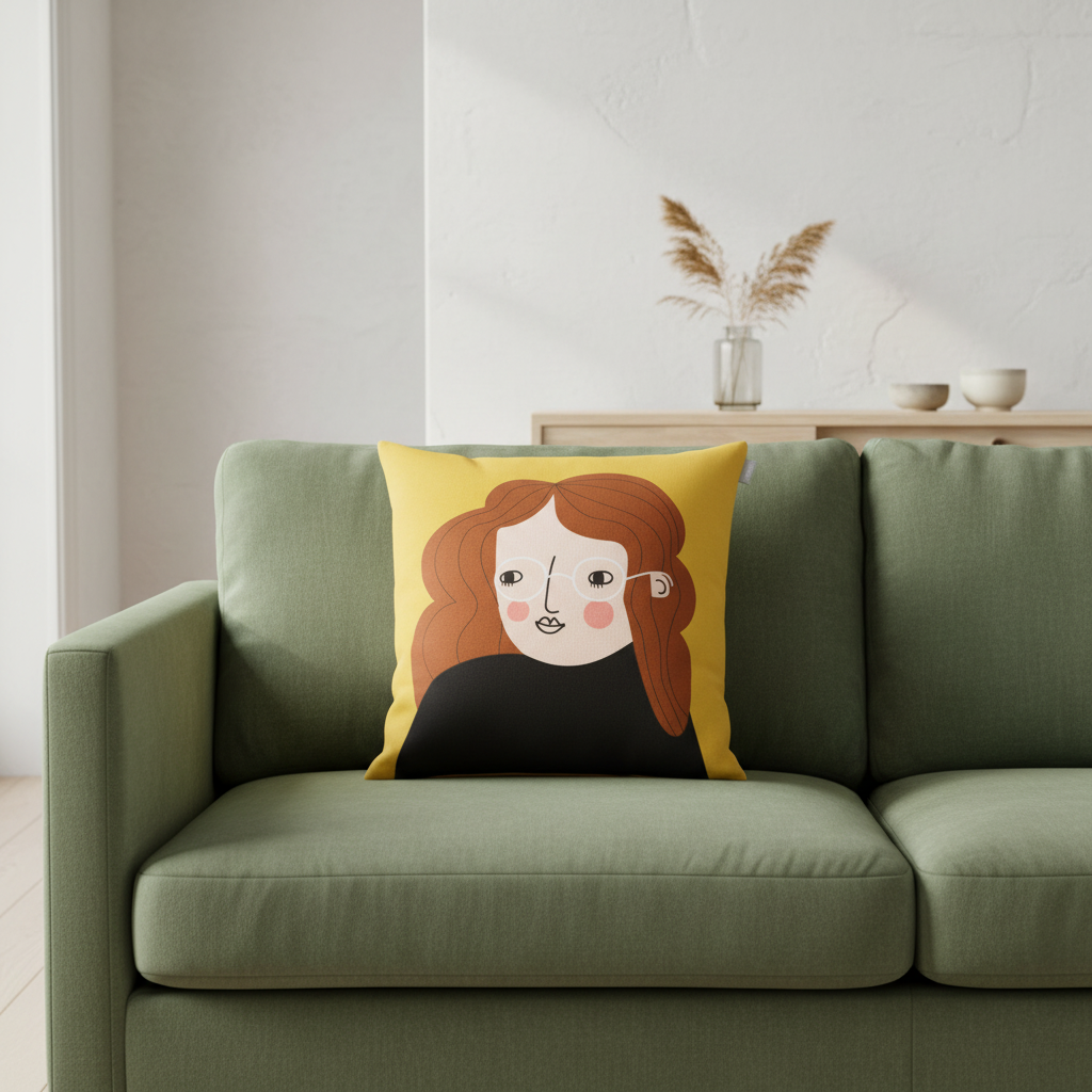 Spira Kissenhülle Bia in gelbem Farbton mit Frau mit langem roten Haar, Größe 50x50cm