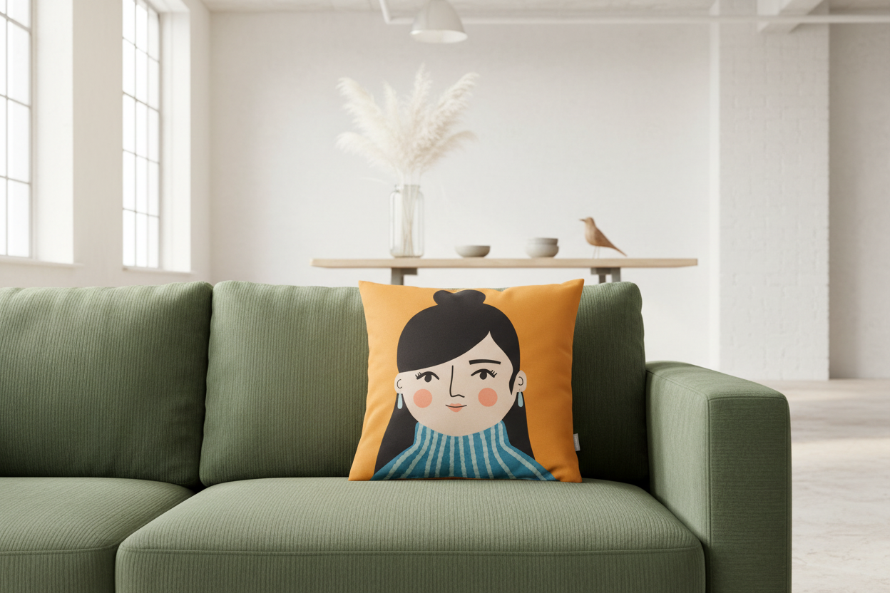 Spira Kissenhülle Jasmine mit orangenem Kissen mit Print von Frau mit Ohrringen und cool gestyled, Größe 50x50 cm