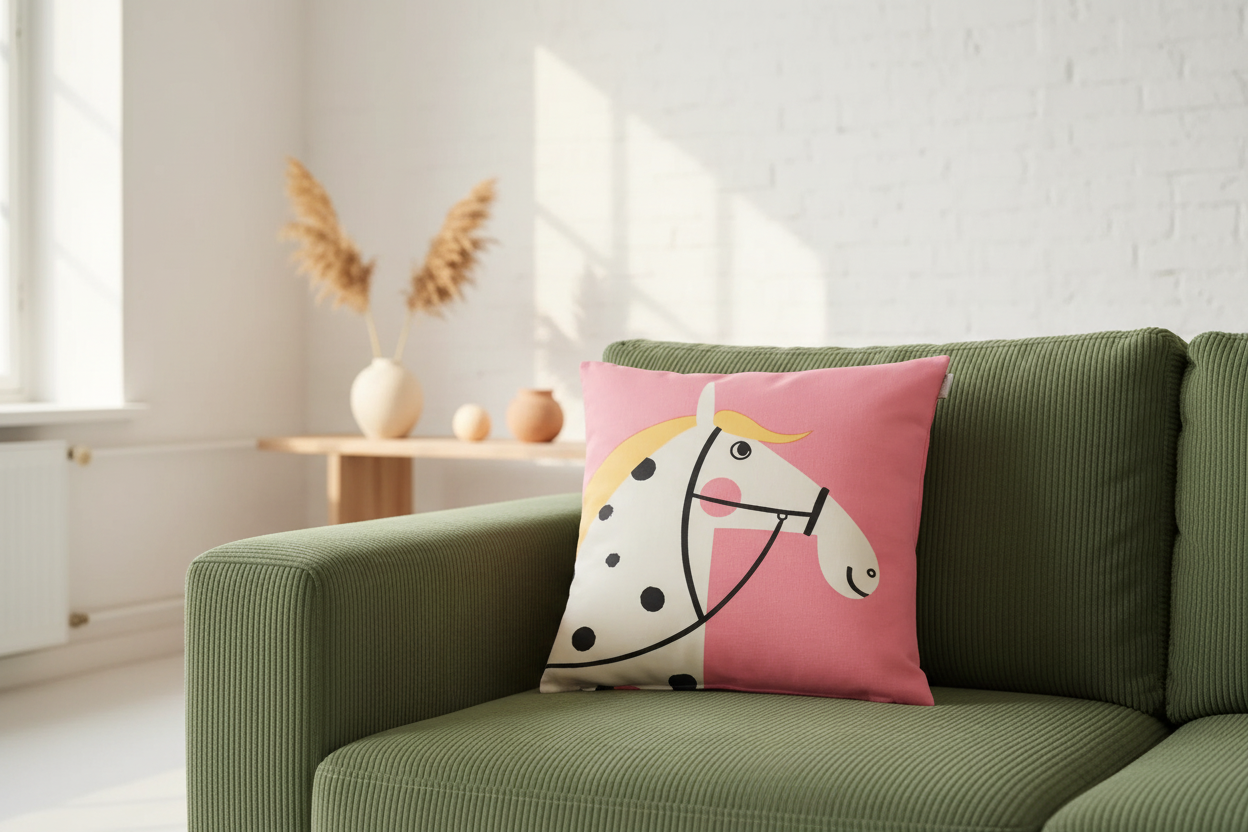 Spira Kissenhülle Lucky mit Pferdemotiv auf pinkem Kissenbezug, Größe 50x50cm, mit Reißverschluss