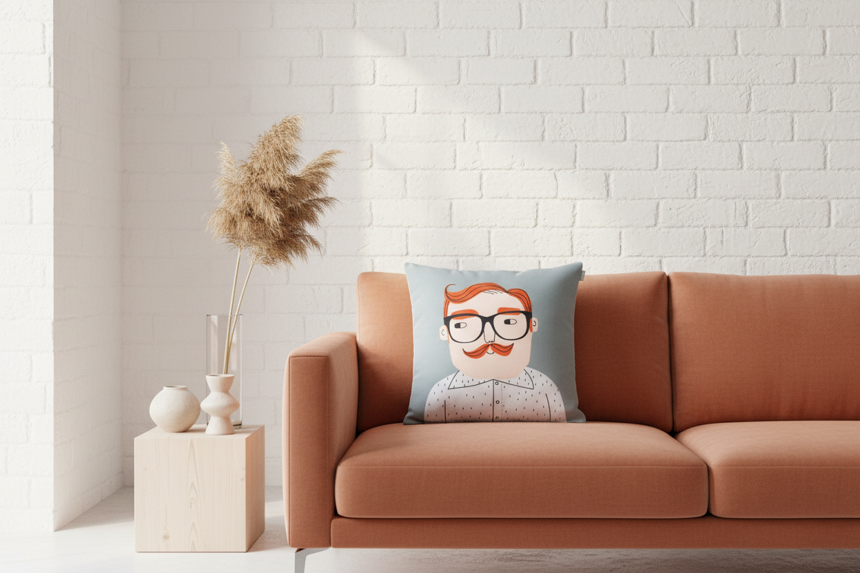 Spira Kissenbezug Luke mit grünlichem Bezug und Print vom Mann mit rotem Schnauzer und schwarzer Brille, Größe 50x50cm