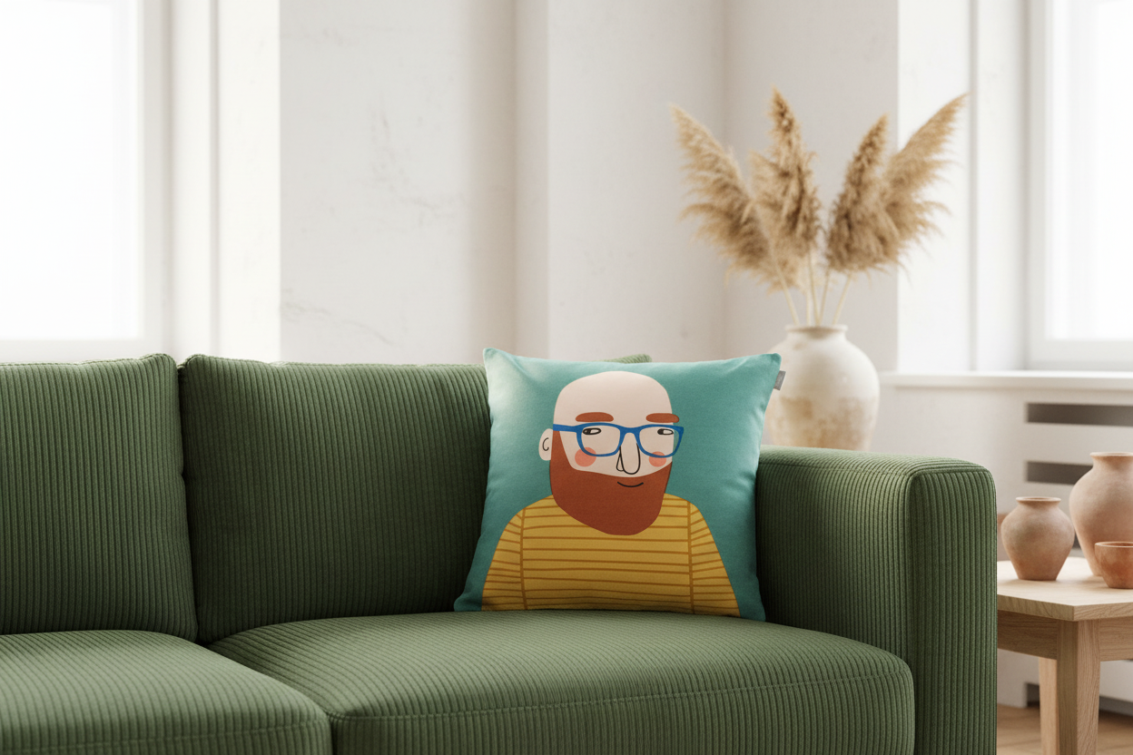 Spira Kissenhülle Michael in Türkis mit coolem Typ mit Bart und gelbem T-Shirt, moderner skandinavischer Print, Größe 50x50cm