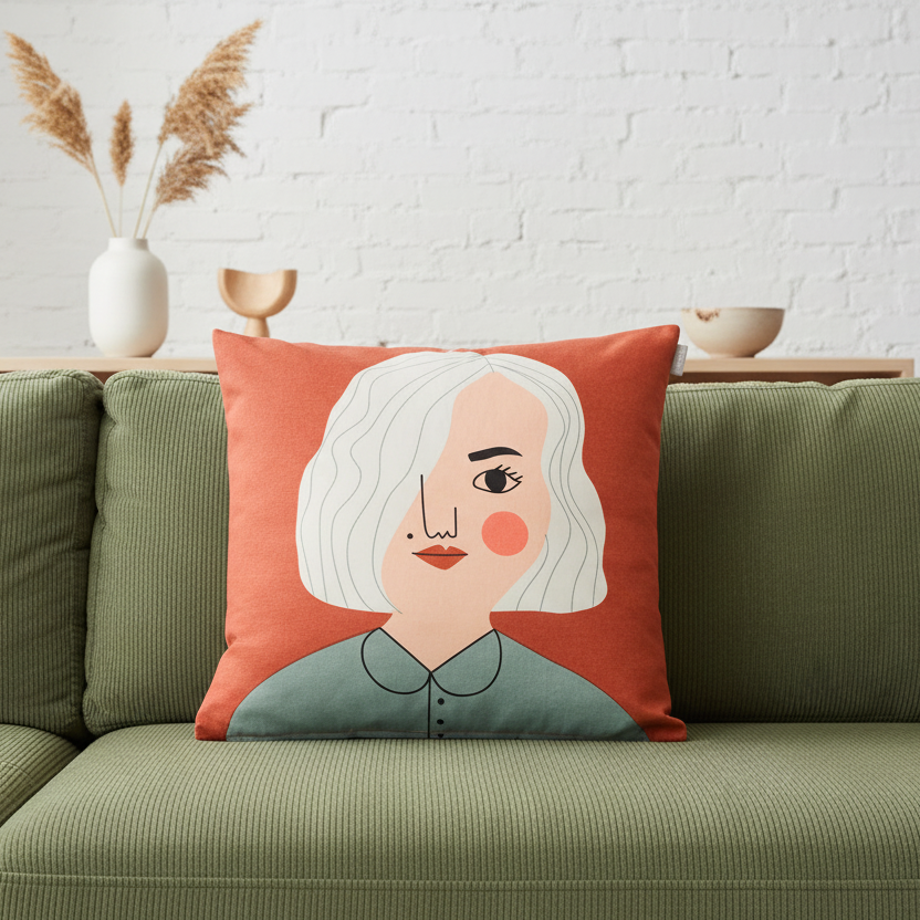 Spira Kissenbezug Nike mit rotem Kissen und modernem Print von Frau mit weißen Haaren.