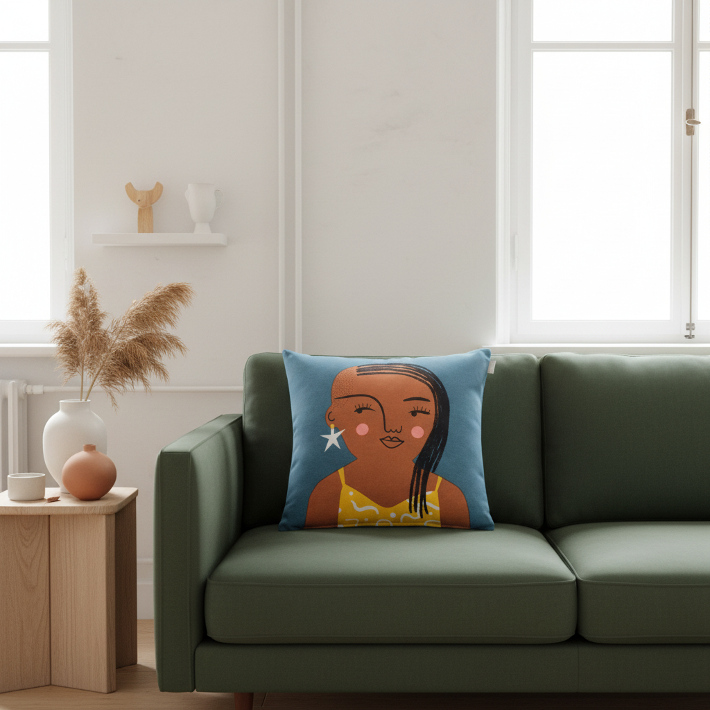 Spira of Sweden Kissenbezug Stella mit blauem Bezug und Print von Frau mit Stern Ohrring und Dreads, mit Reißverschluss.