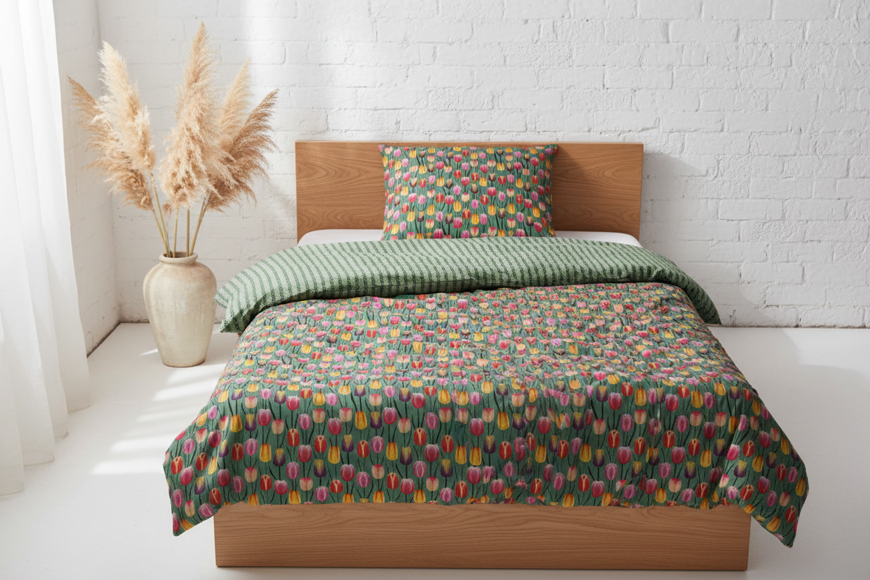 Tulpen Bettwäsche aus Bio-Baumwolle von Essenza im Schlafzimmer in ruhiger Atmosphäre